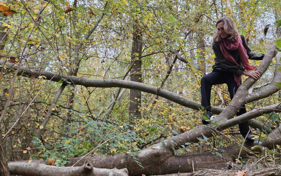 Jorinde beweegt soepel en speels over een omgevallen boom in het bos